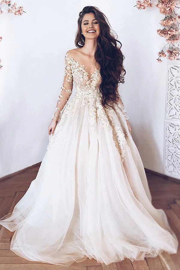 Vestido de novia elegante de corte A con mangas largas de tul y apliques